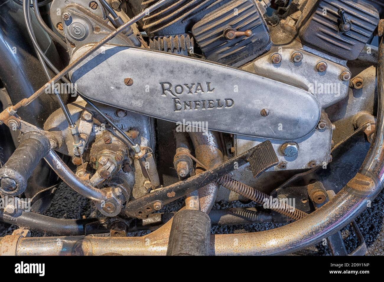 Nahaufnahme Detail des Motors eines Vintage Royal Enfield Bullet 350 classic Motor Cycle - 1930er Jahre britischen Motor Cycle. Stockfoto