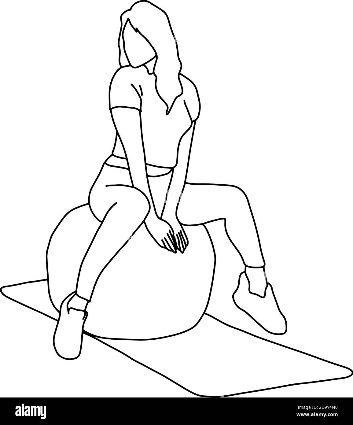 Frau sitzt auf Fitness-Ball in Turnhalle Vektor Illustration Skizze doodle handgezeichnet mit schwarzen Linien isoliert auf weißem Hintergrund Stock Vektor