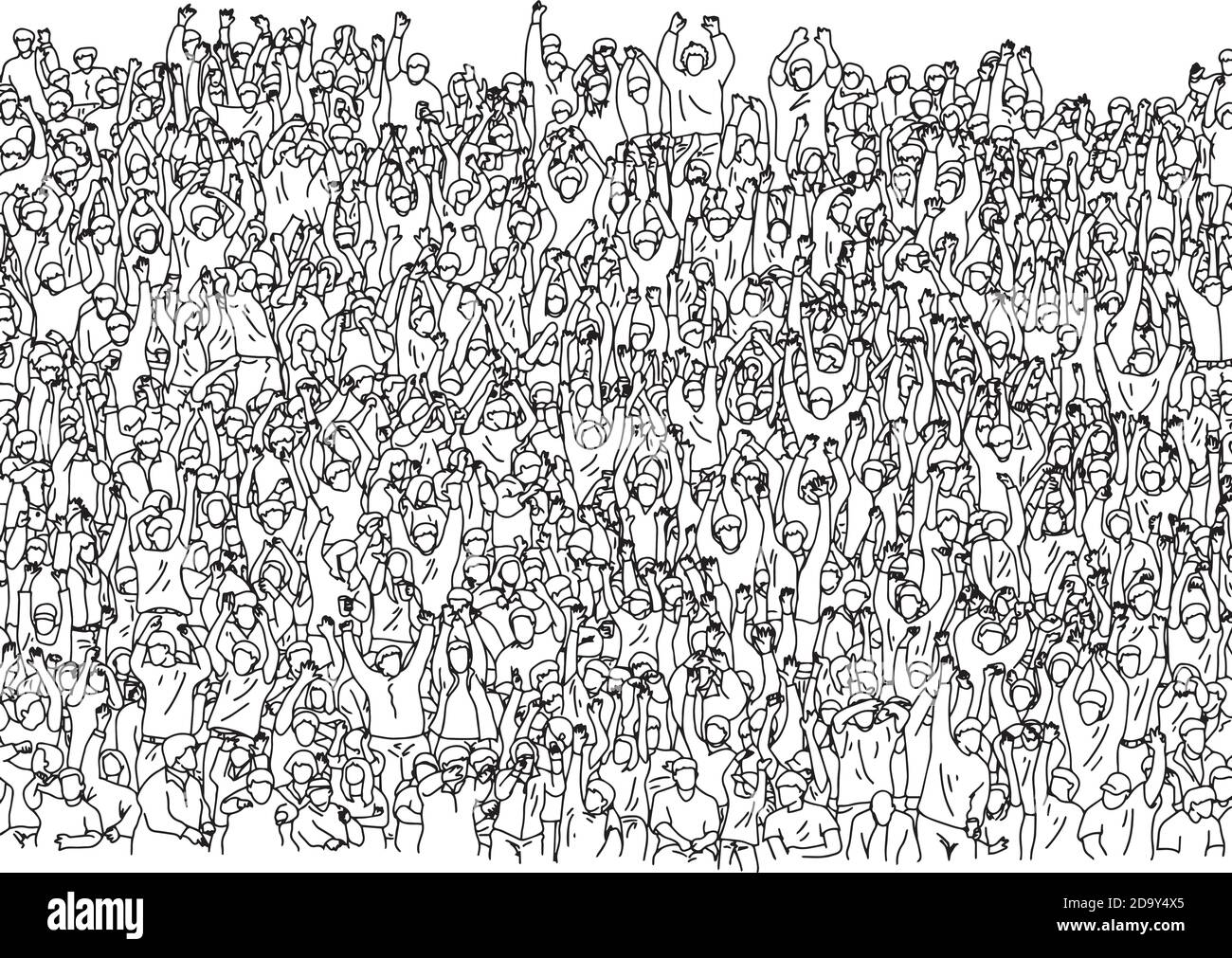Große Gruppe von Menschen auf Stadion Vektor Illustration Skizze gedrängt doodle handgezeichnet mit schwarzen Linien isoliert auf weißem Hintergrund Stock Vektor