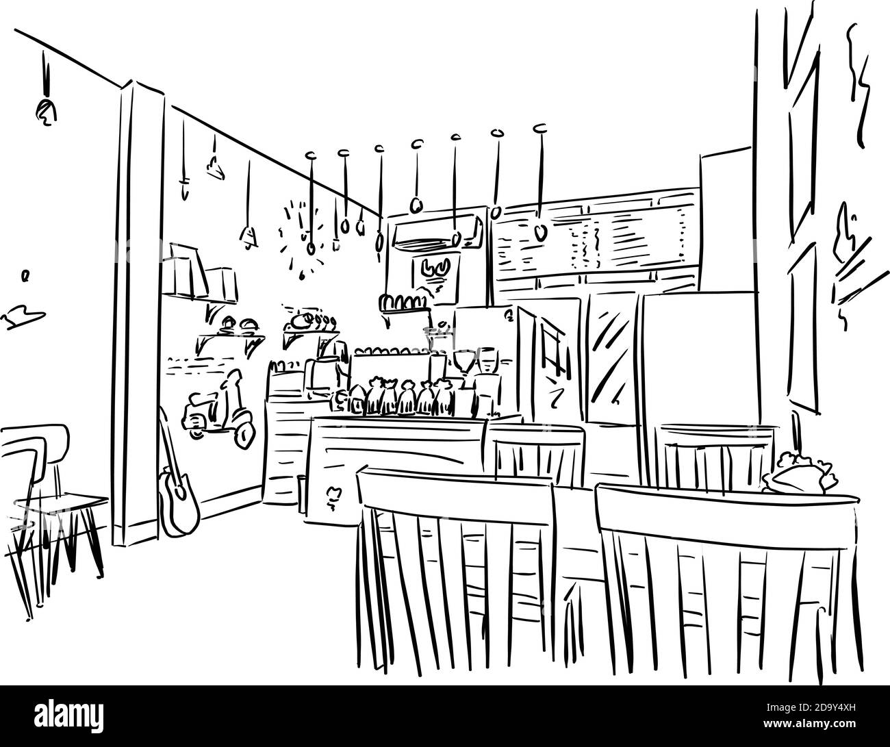 Leere Café oder Bar Innenraum Vektor Illustration Skizze Doodle Hand Gezeichnet mit schwarzen Linien isoliert auf weißem Hintergrund Stock Vektor