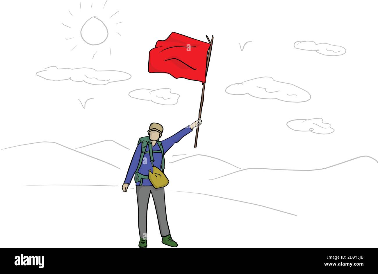 Backpacker mit roter Flagge Vektor-Illustration mit schwarzen Linien isoliert Auf weißem Hintergrund Stock Vektor