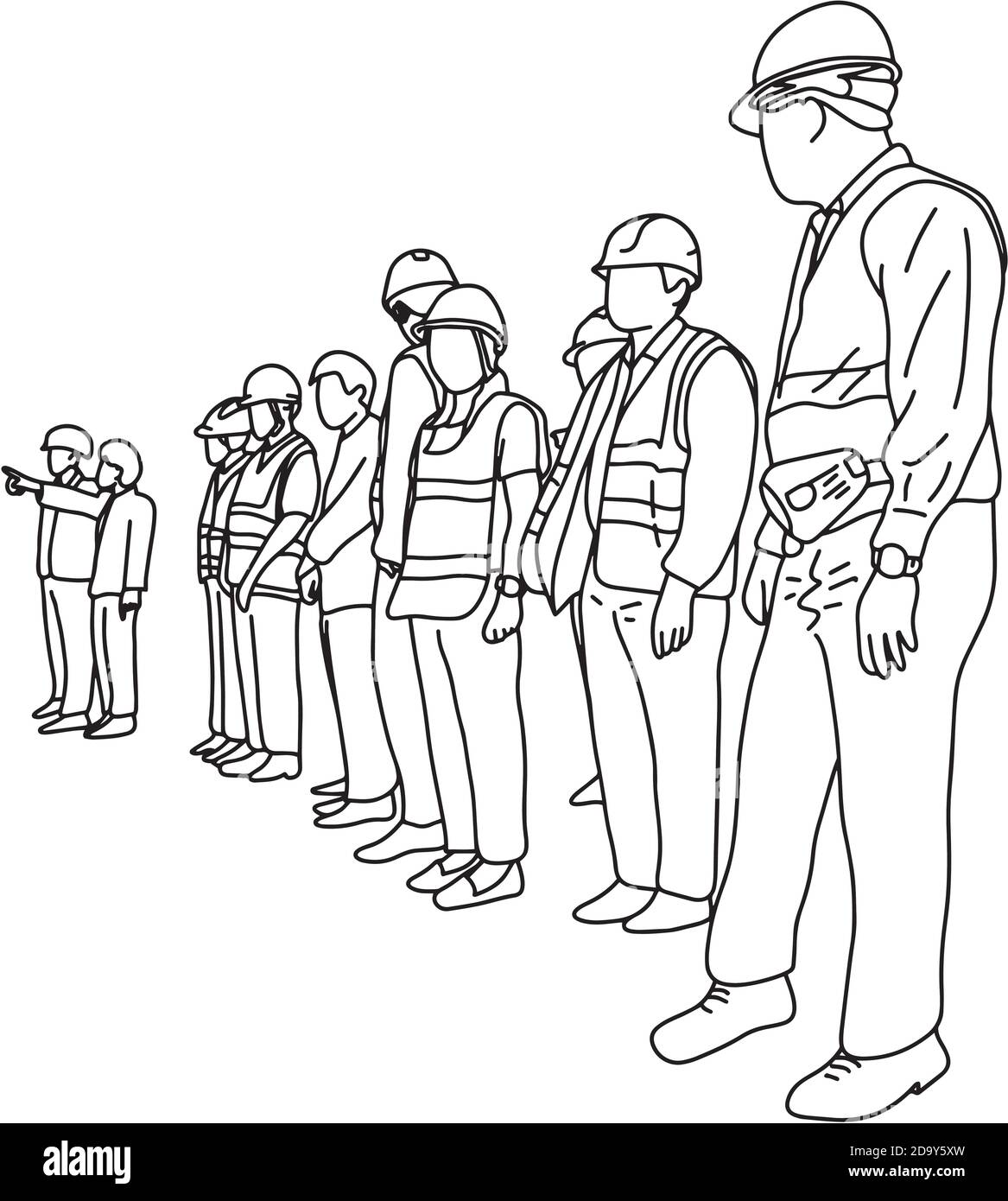 Ingenieure mit Hut in Baustelle Vektor Illustration Skizze doodle handgezeichnet mit schwarzen Linien isoliert auf weißem Hintergrund Stock Vektor