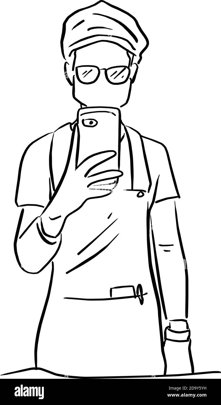 Mann mit Brille macht Foto selbst auf dem Spiegel in toilette Vektor Illustration Skizze Doodle Hand gezeichnet mit schwarzen Linien Isoliert auf weißem Hintergrund Stock Vektor