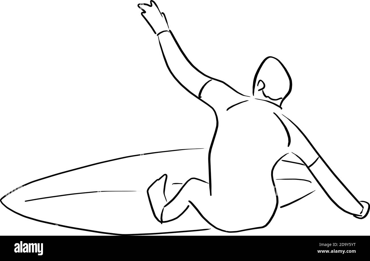 Mann steht auf Surfbrett Vektor Illustration Skizze Doodle Hand gezeichnet Mit schwarzen Linien isoliert auf weißem Hintergrund Stock Vektor