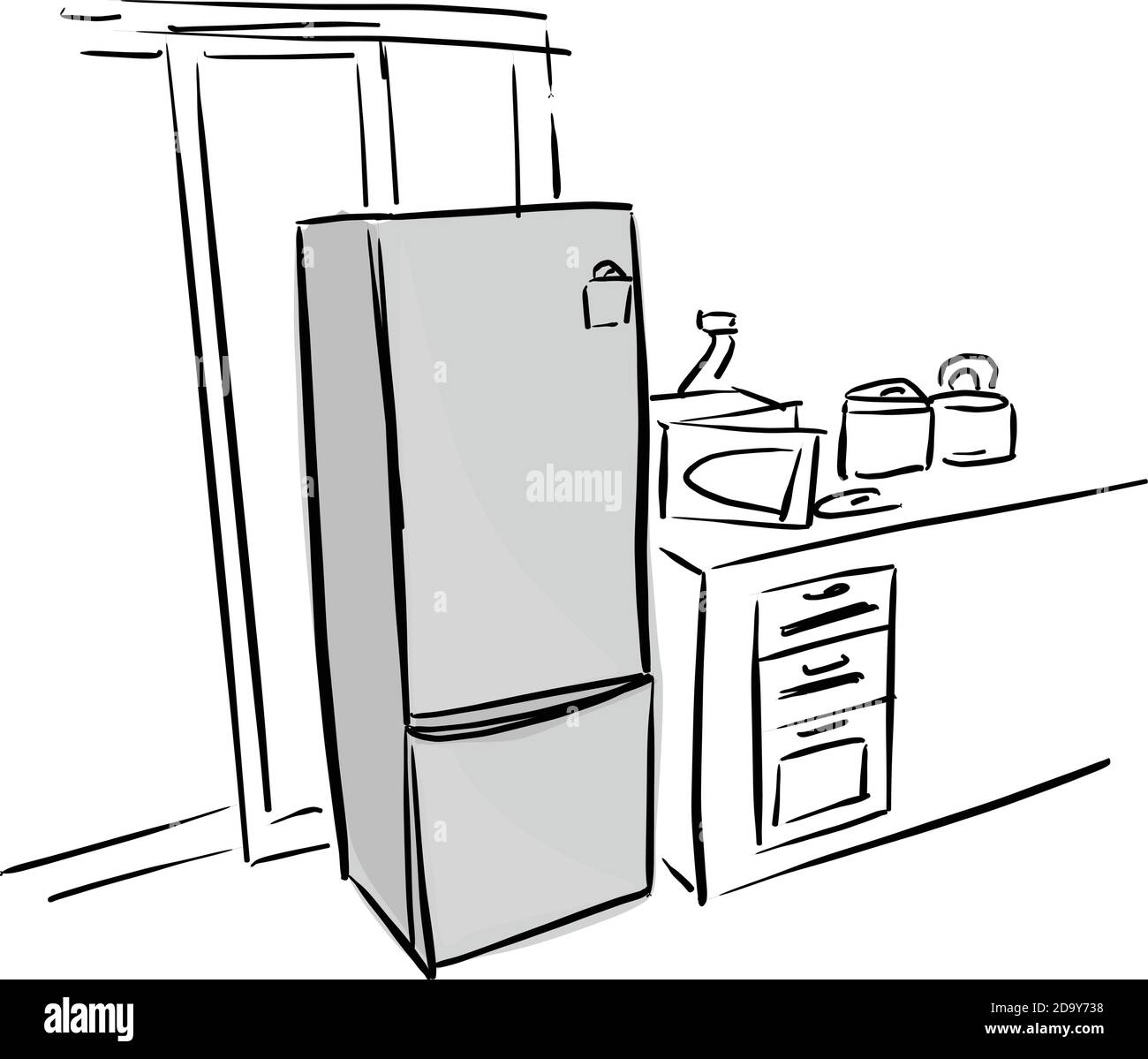 Grau Kühlschrank in Küche Vektor Illustration Skizze Doodle Hand gezeichnet Mit schwarzen Linien isoliert auf weißem Hintergrund Stock Vektor