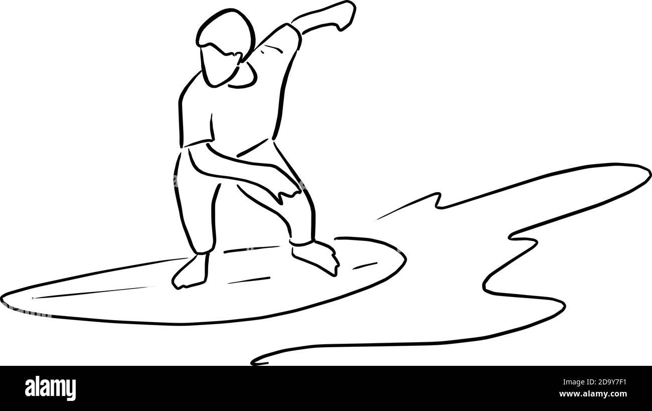 Mann spielen Surfbrett auf der Welle Vektor Illustration Skizze Doodle Handgezeichnet mit schwarzen Linien isoliert auf weißem Hintergrund Stock Vektor