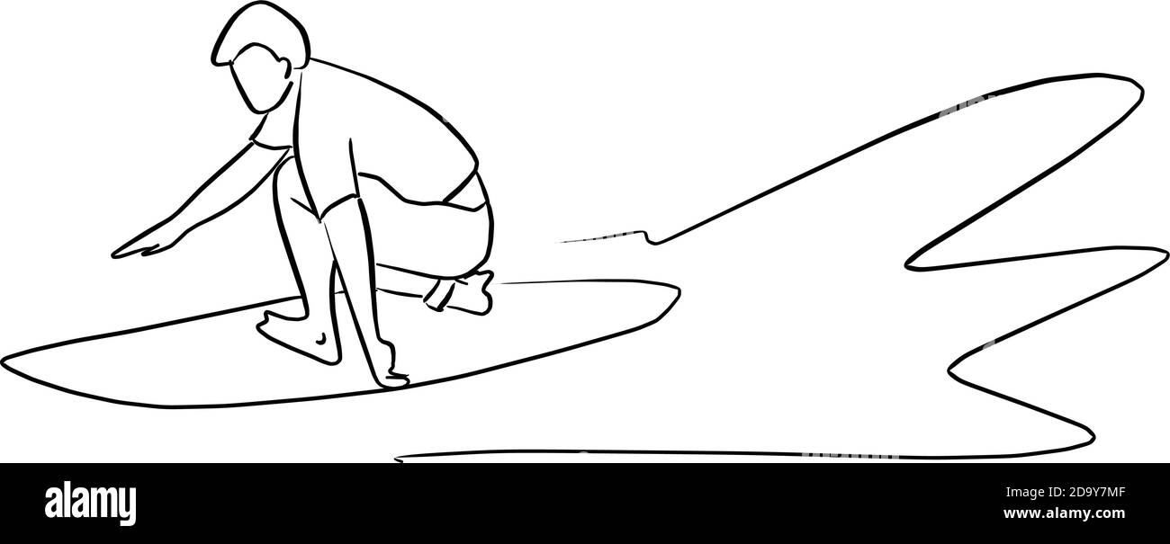 Surfer mit Surfbrett auf dem Wellenvektor Illustration Skizze Doodle Handgezeichnet mit schwarzen Linien isoliert auf weißem Hintergrund Stock Vektor