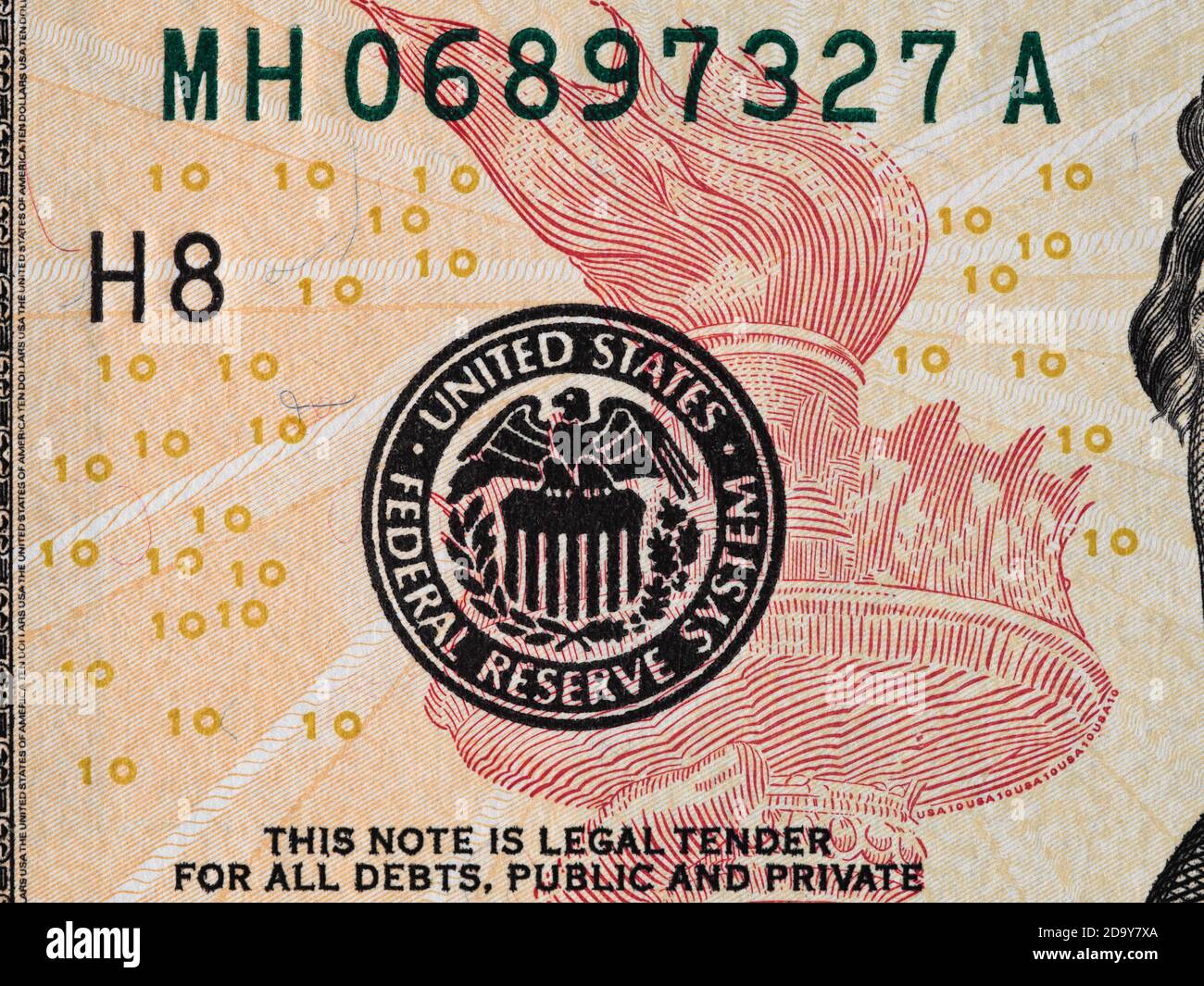 Siegel des Federal Reserve Systems auf dem US-Dollar-Geldmakro von 10 Dollar, us-Geldschließungen Stockfoto