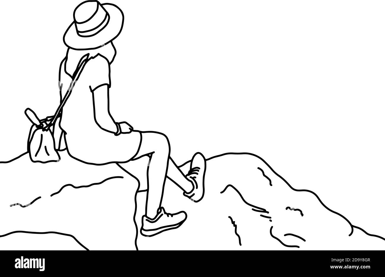 Rückansicht der Frau mit Hut Blick auf Copyspace auf Die Spitze der Berg Vektor Illustration Skizze Doodle Hand Gezeichnet mit schwarzen Linien isoliert auf Stock Vektor