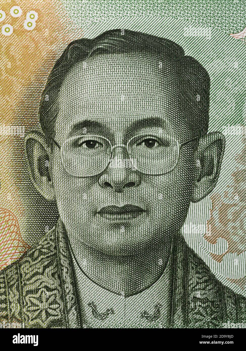 Thailand King Rama IX (Bhumibol Adulyadej) Gesicht auf 20 Baht Banknote Nahaufnahme Makro, thai Geld Nahaufnahme Stockfoto