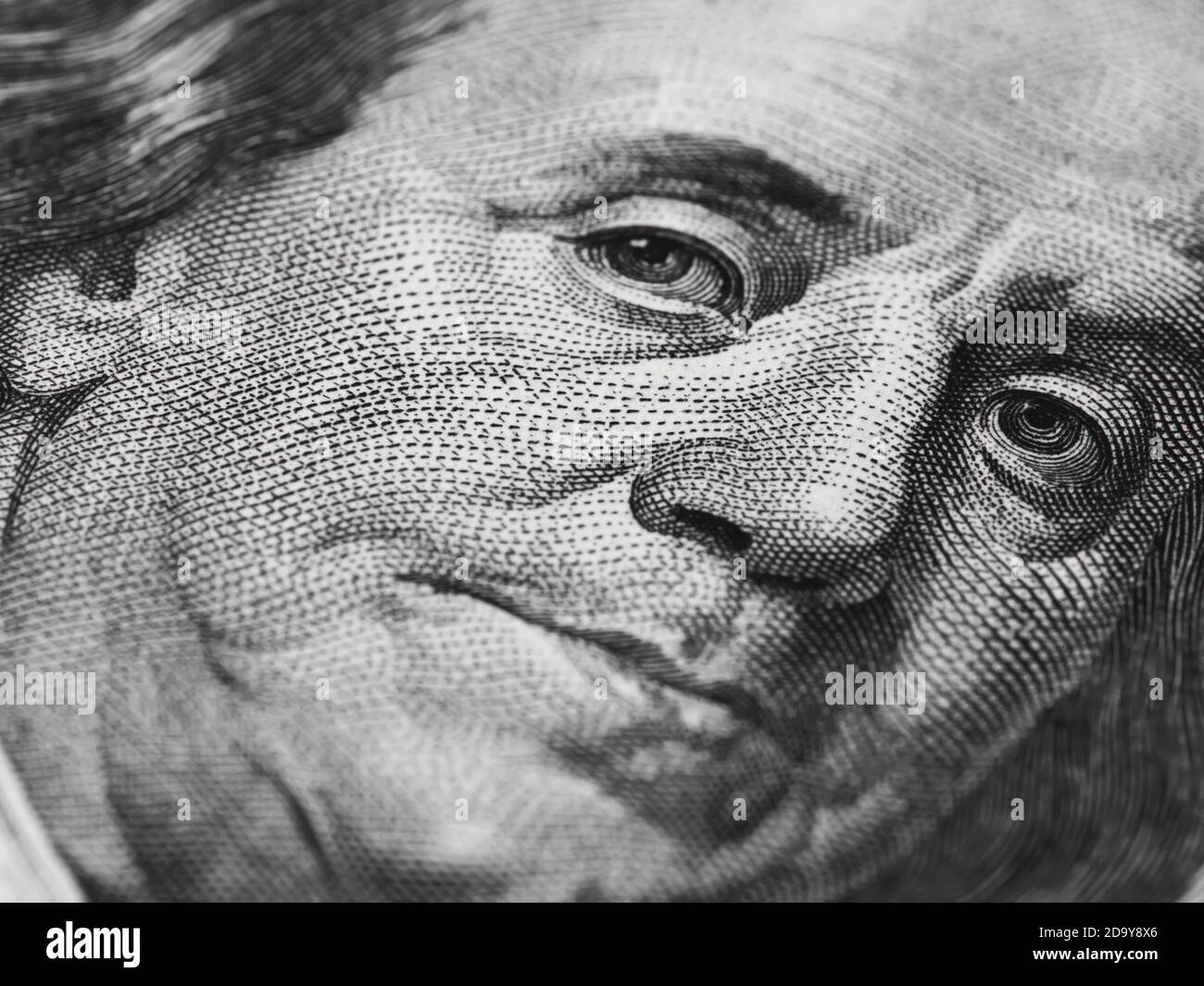 Ben Franklin Gesicht auf uns 100-Dollar-Rechnung extreme Makro, usa Geld Nahaufnahme Stockfoto