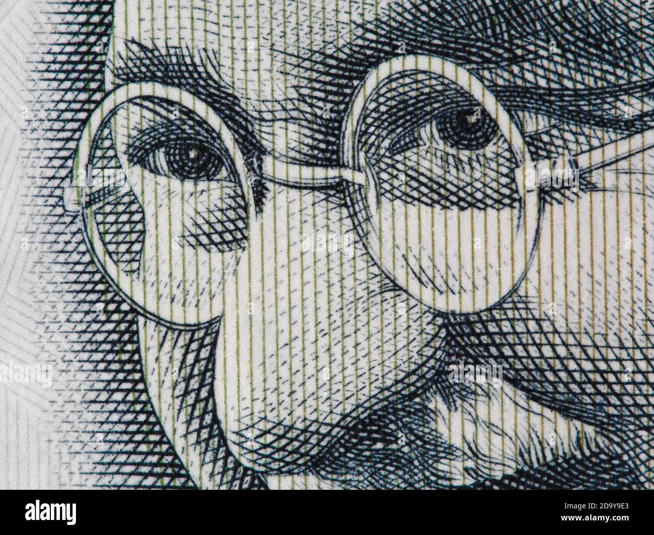 Mahatma Gandhi Gesicht auf indischen 100 Rupie Banknote extreme Makro, Indien Geld Nahaufnahme Stockfoto