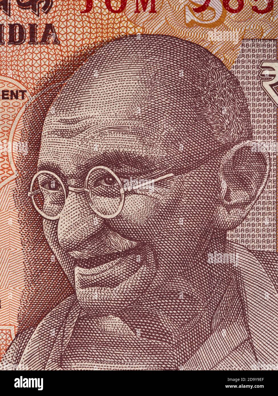 Mahatma Gandhi Gesicht auf indian10 Rupie Banknote extreme Makro, Indien Geld Nahaufnahme Stockfoto