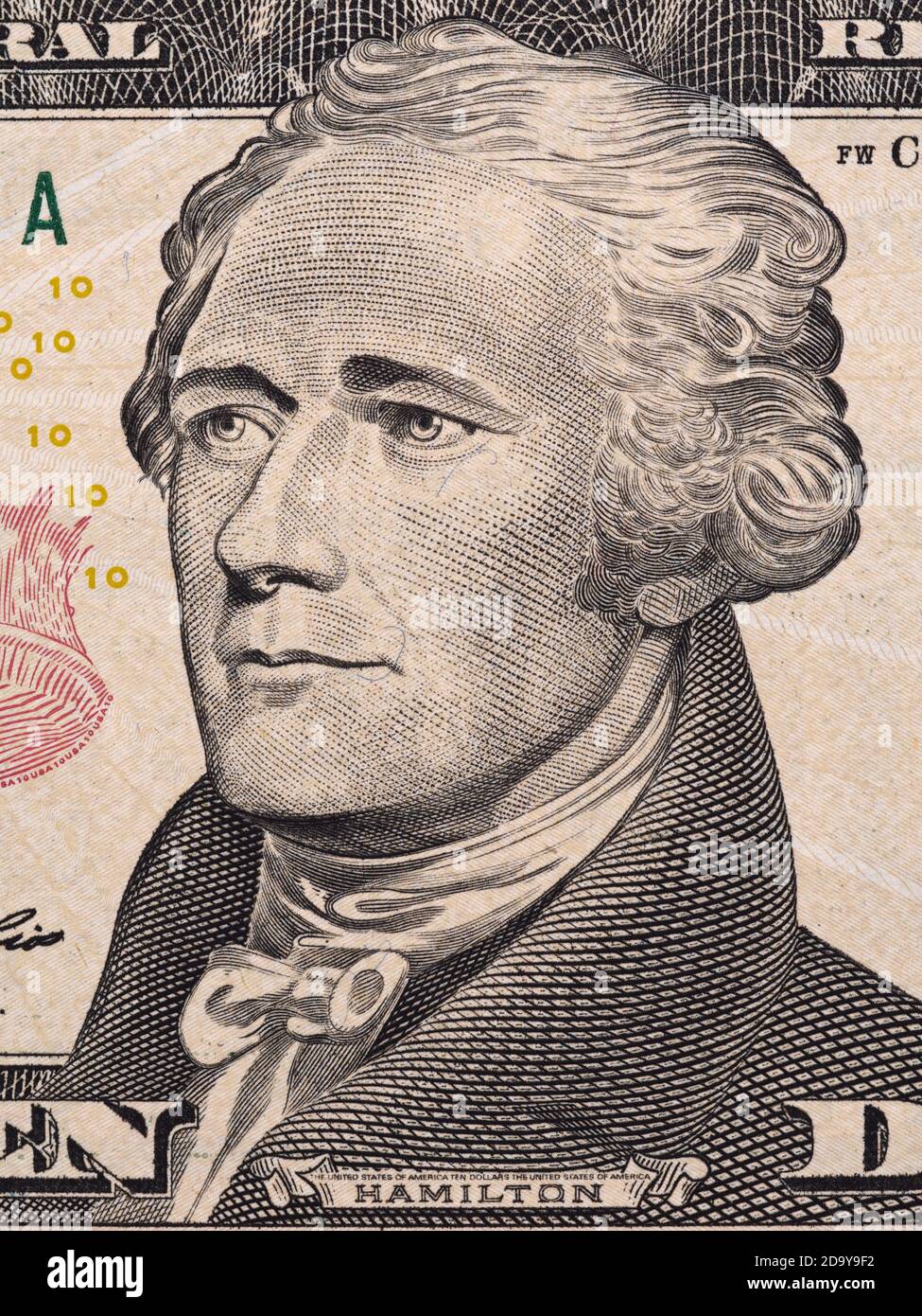 Alexander Hamilton Porträt auf zehn-Dollar-Geldschein Makro, 10 usd, usa Geld Nahaufnahme Stockfoto