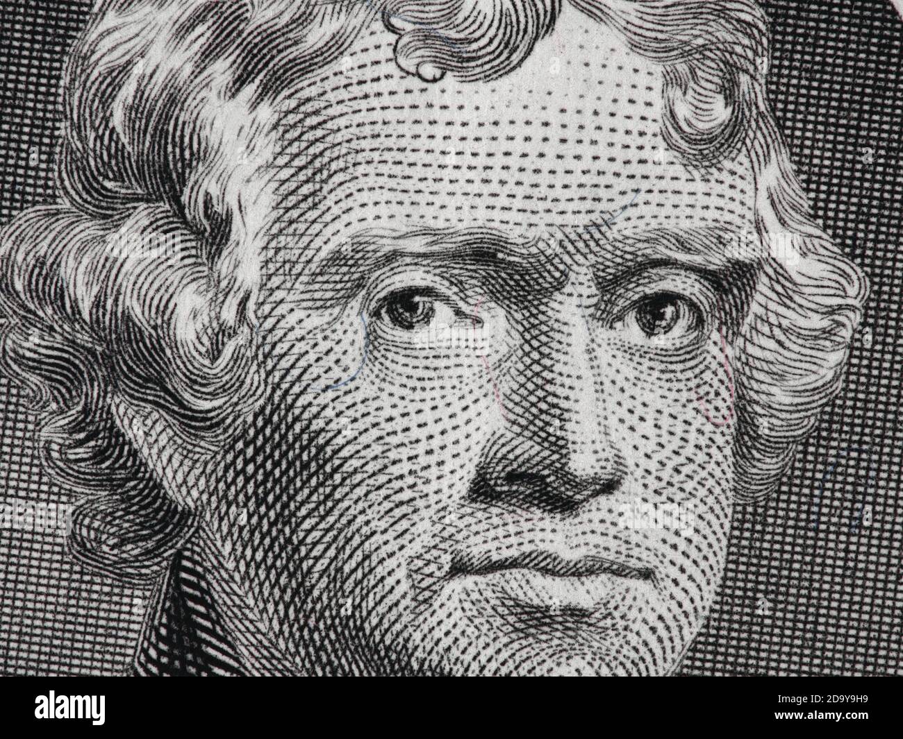 US-Präsident Thomas Jefferson Porträt auf uns zwei-Dollar-Rechnung Makro, vereinigten Staaten Geld Nahaufnahme Stockfoto