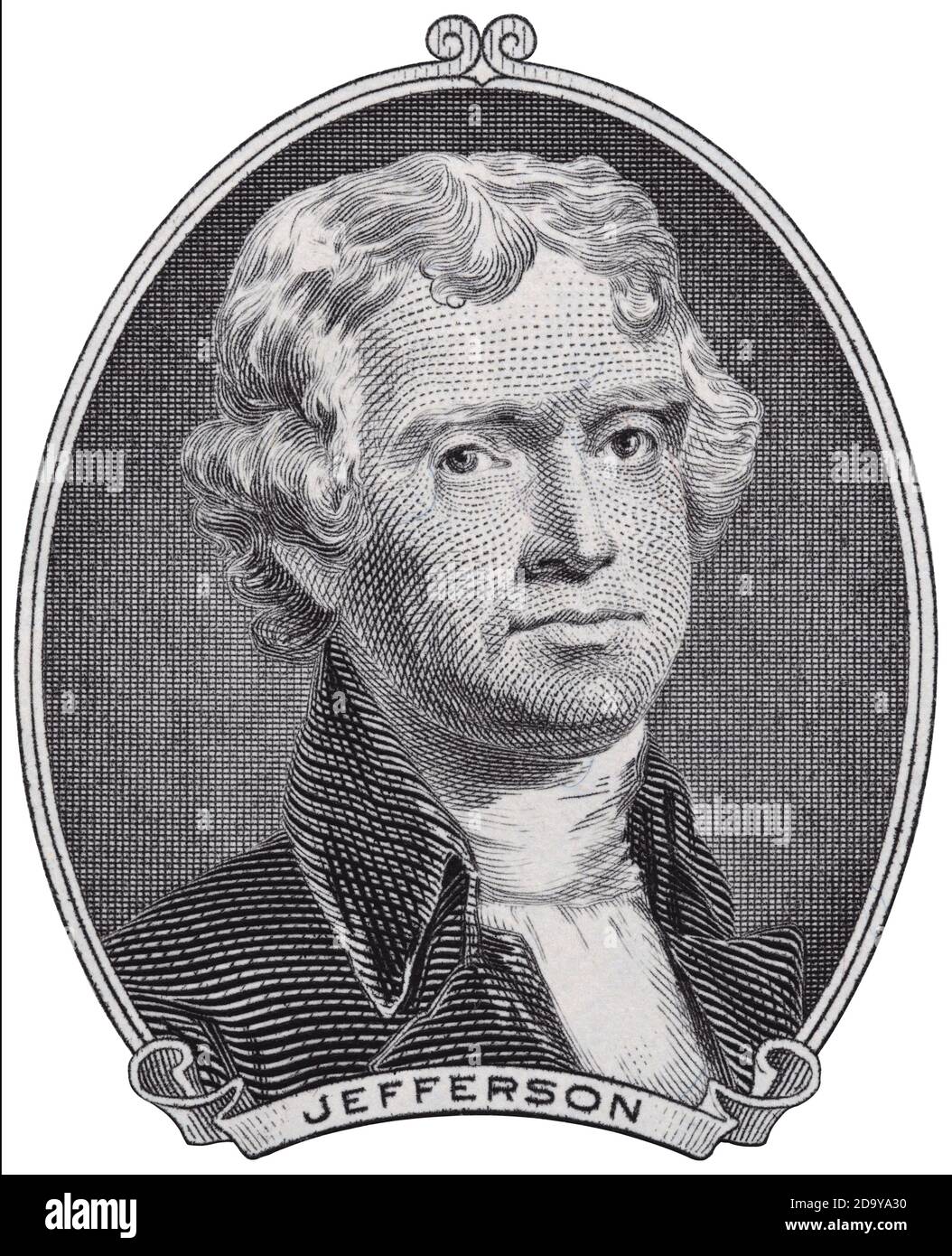 Präsident Thomas Jefferson Gesicht auf uns zwei-Dollar-Rechnung Makro isoliert, vereinigte Staaten Geld Nahaufnahme Stockfoto