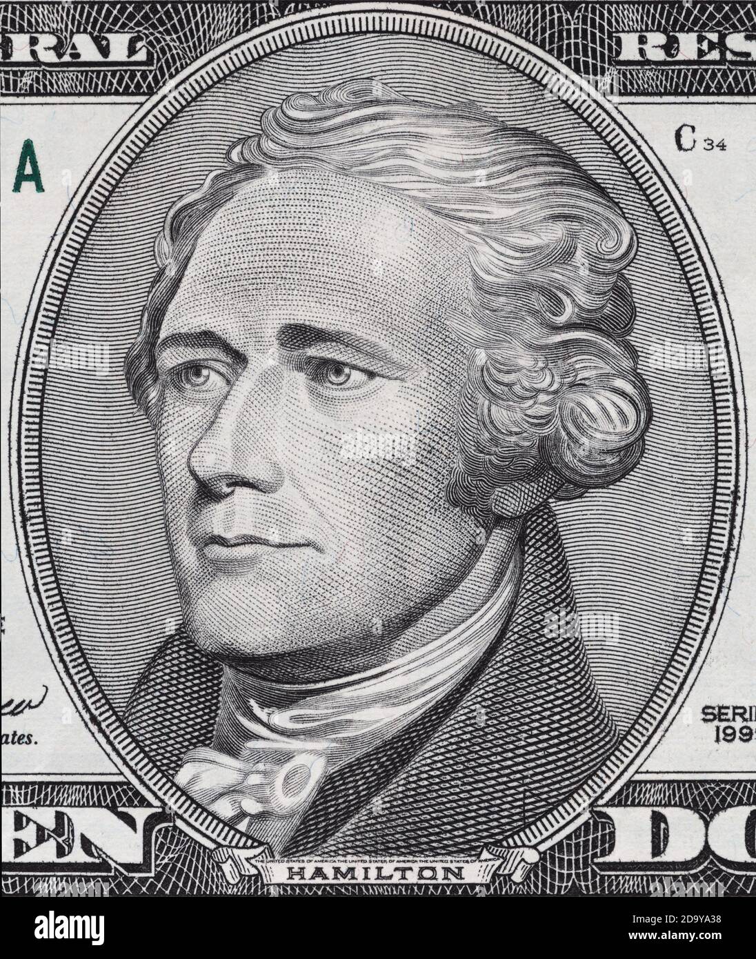 Alexander Hamilton Gesicht auf zehn-Dollar-Scheine Makro, 10 usd, vereinigte Staaten Geld Nahaufnahme Stockfoto
