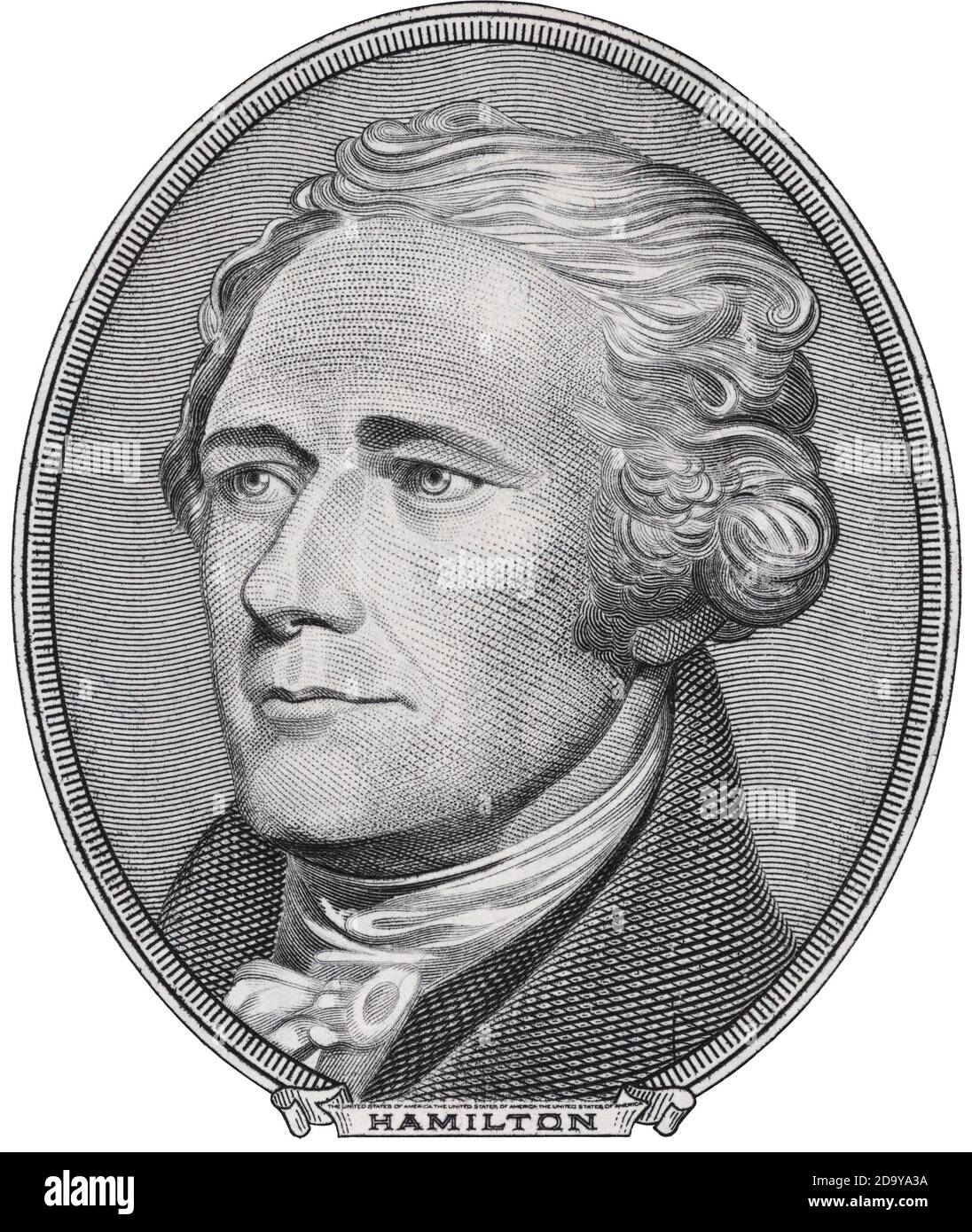 Alexander Hamilton Gesicht auf zehn-Dollar-Rechnung isoliert, 10 usd, vereinigte Staaten Geld Nahaufnahme Stockfoto
