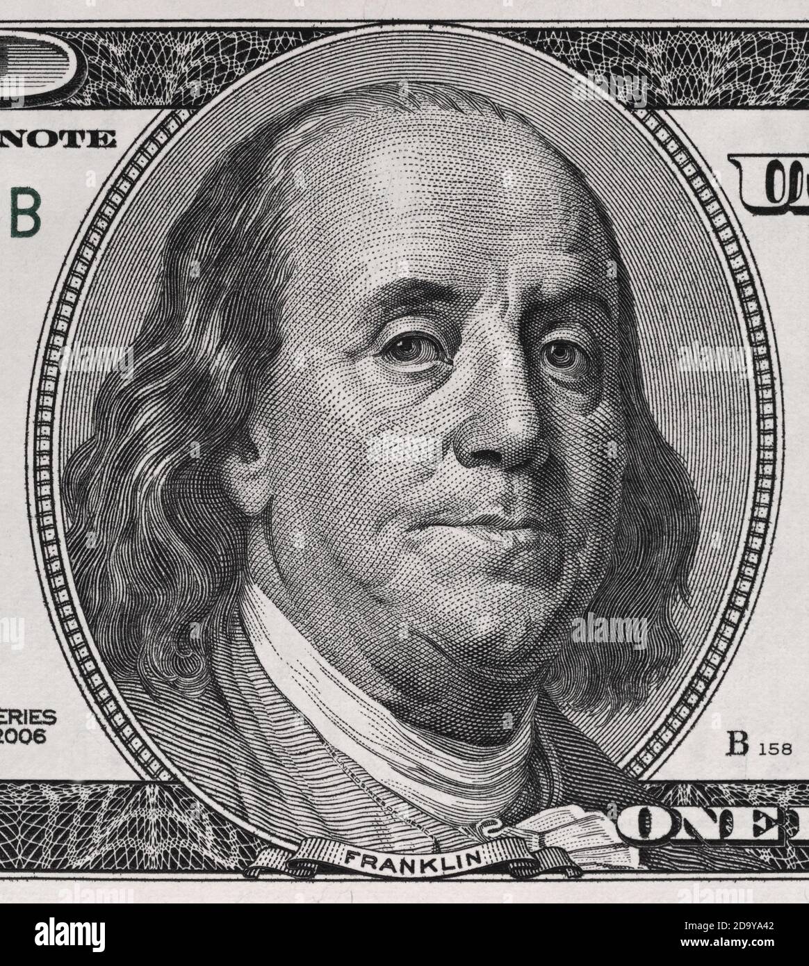 Benjamin Franklin Gesicht auf uns hundert-Dollar-Rechnung Makro, vereinigte Staaten Geld Nahaufnahme Stockfoto