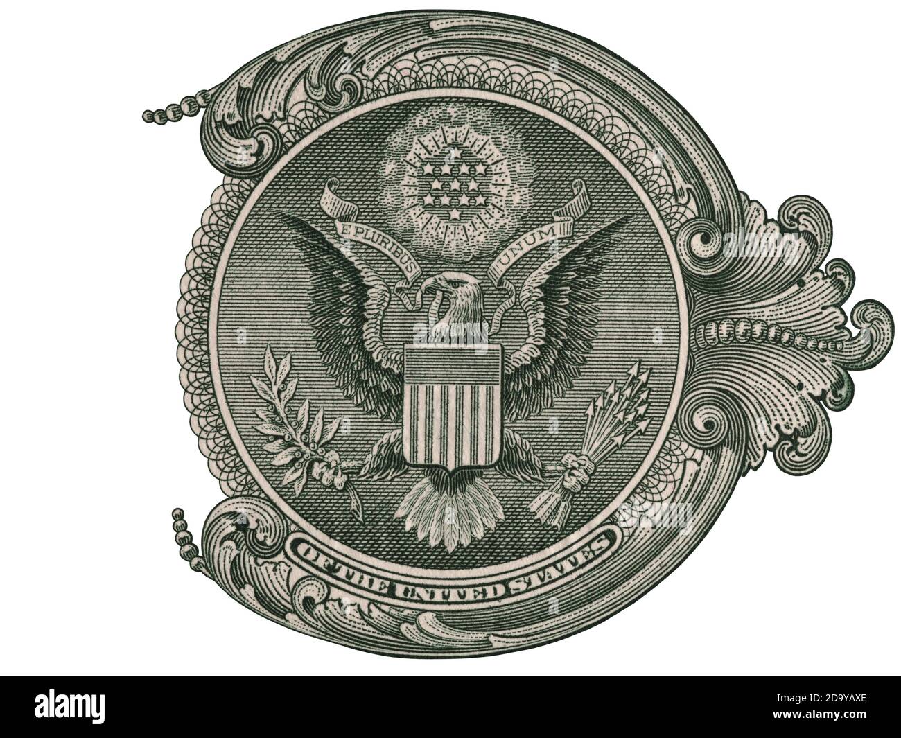 Großes Siegel, US-Dollar-Bill-Fragment, usa-Geld-Nahaufnahme Makro Stockfoto