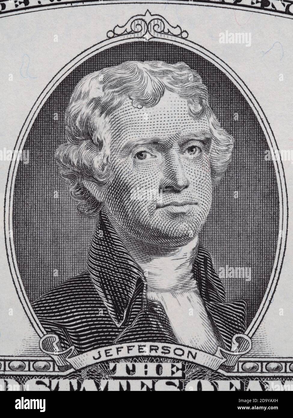 Präsident Thomas Jefferson Gesicht auf uns zwei-Dollar-Rechnung Makro, vereinigte Staaten Geld Nahaufnahme Stockfoto