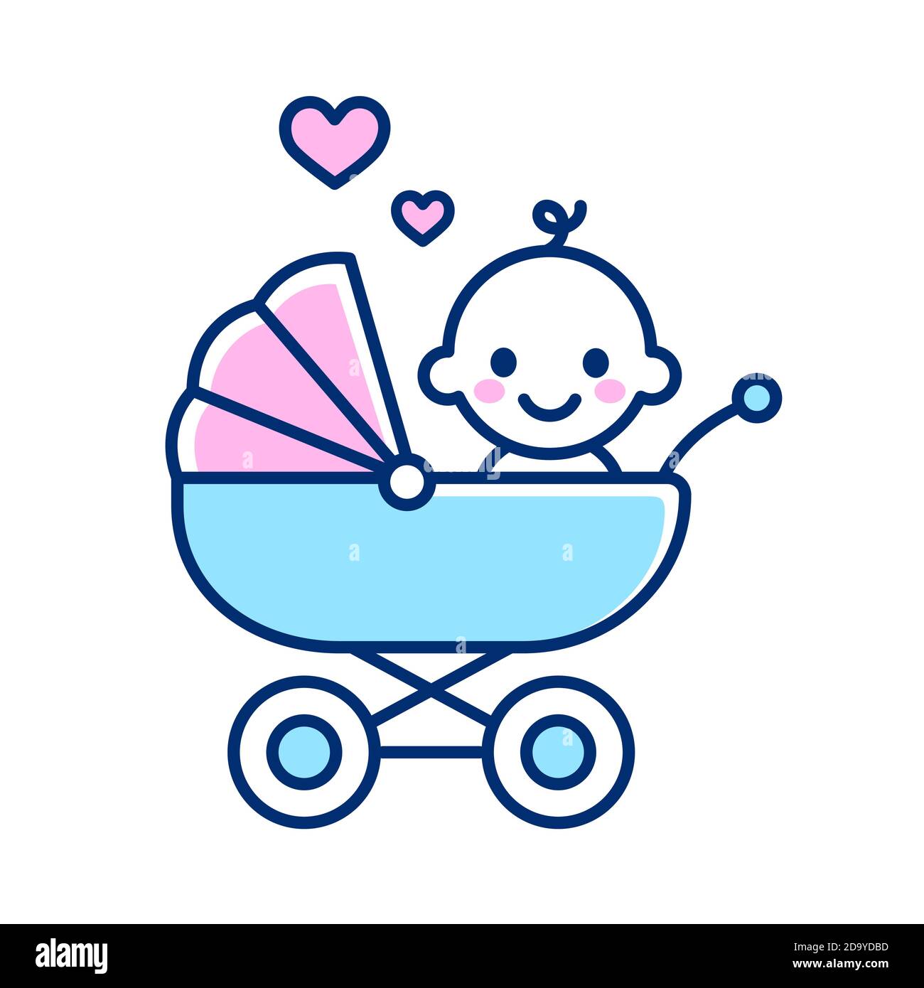 Nettes neugeborenes Baby im Kinderwagen. Einfache Cartoon-Linie Symbol, isolierte Vektor-Illustration. Stock Vektor