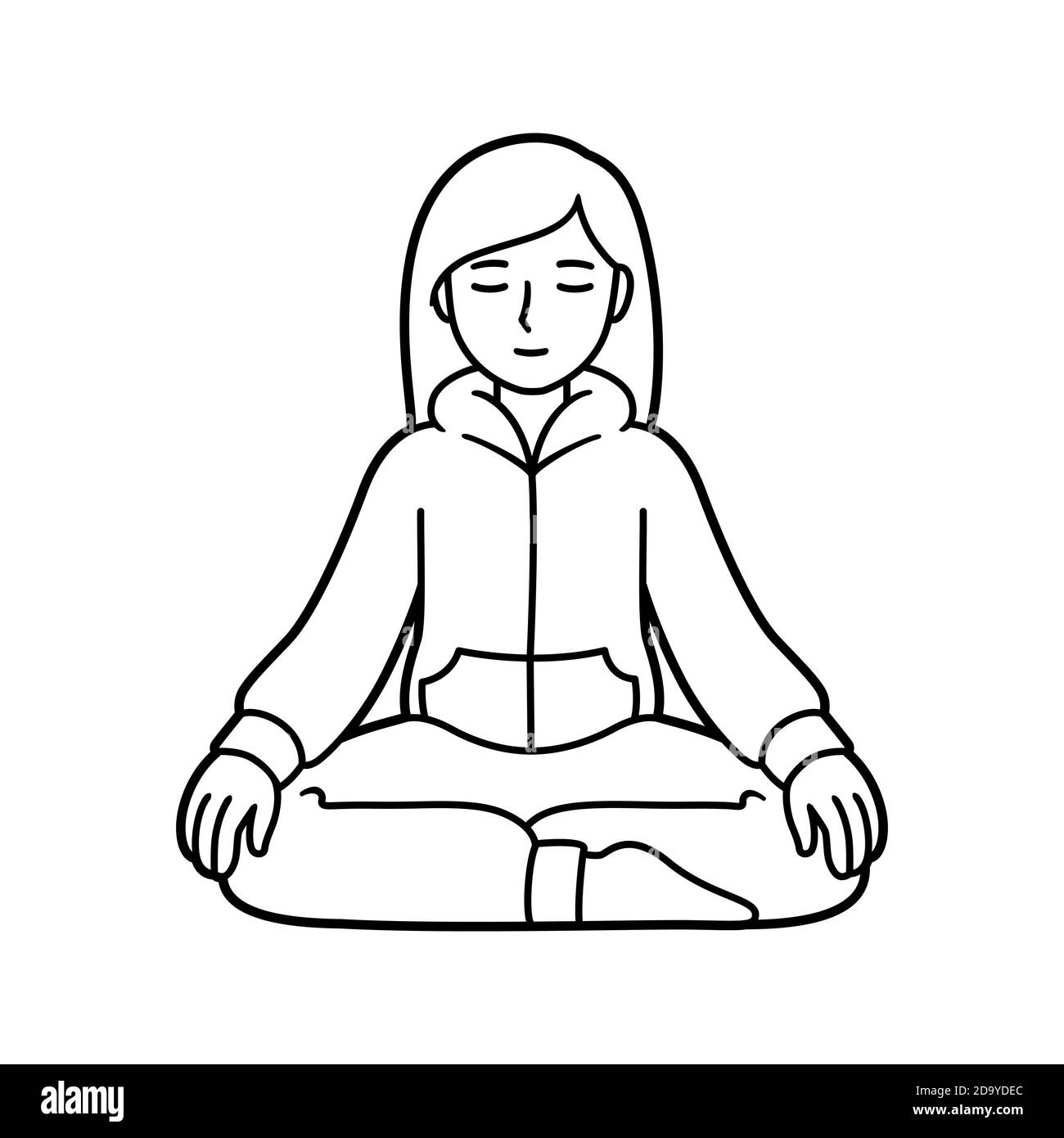 Junge Frau sitzt in Meditation in bequemen Hauskleidung. Einfache schwarz-weiße Linie Art Zeichnung, Vektor-Illustration. Stock Vektor