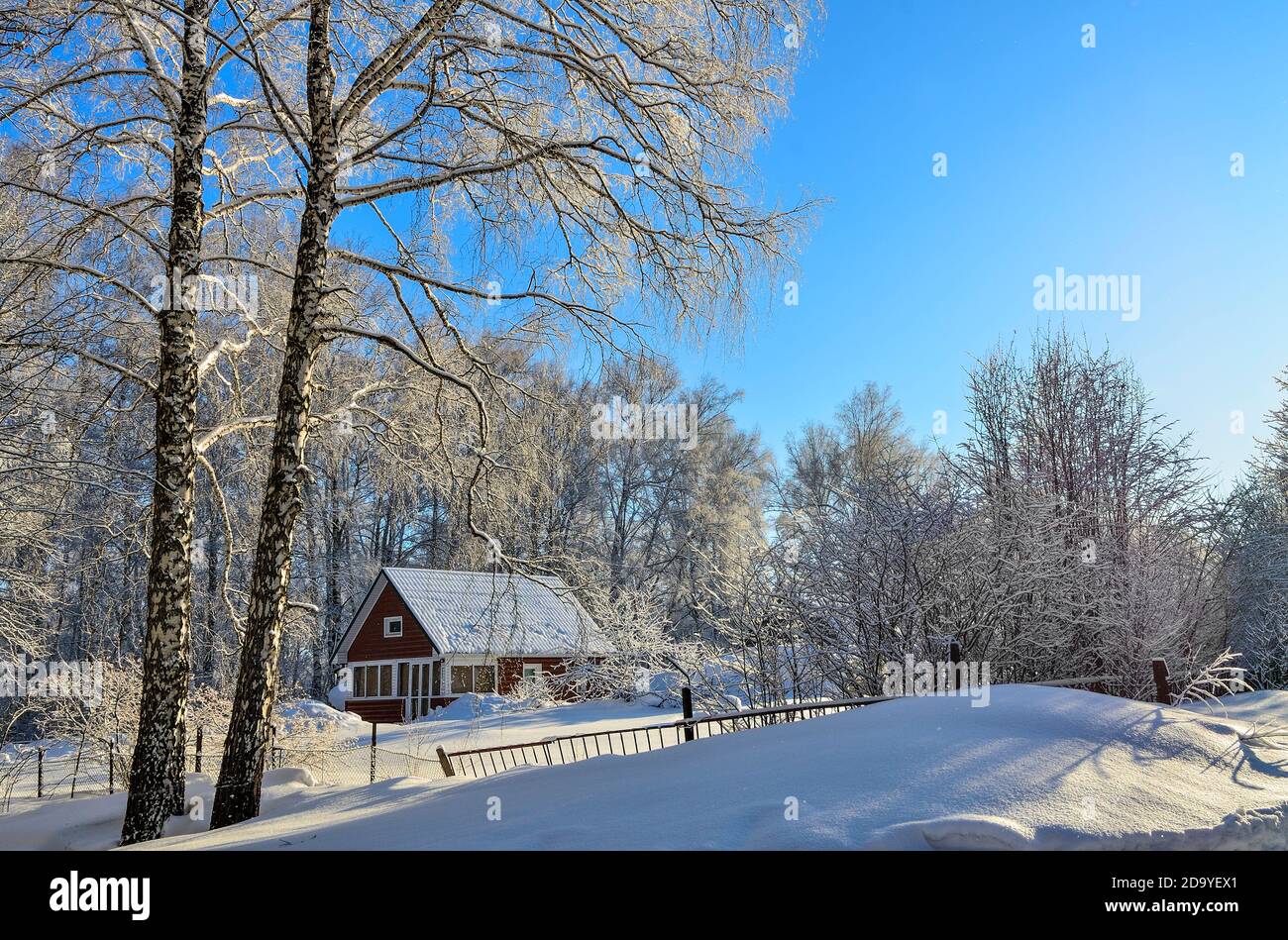 Altes hölzernes Dorfhaus am Rande des Winterwaldes mit Lacy Kronen von schneebedeckten Bäumen. Wunderschönes frostiges, sonniges Wetter und blauer Himmel. Winterland Stockfoto