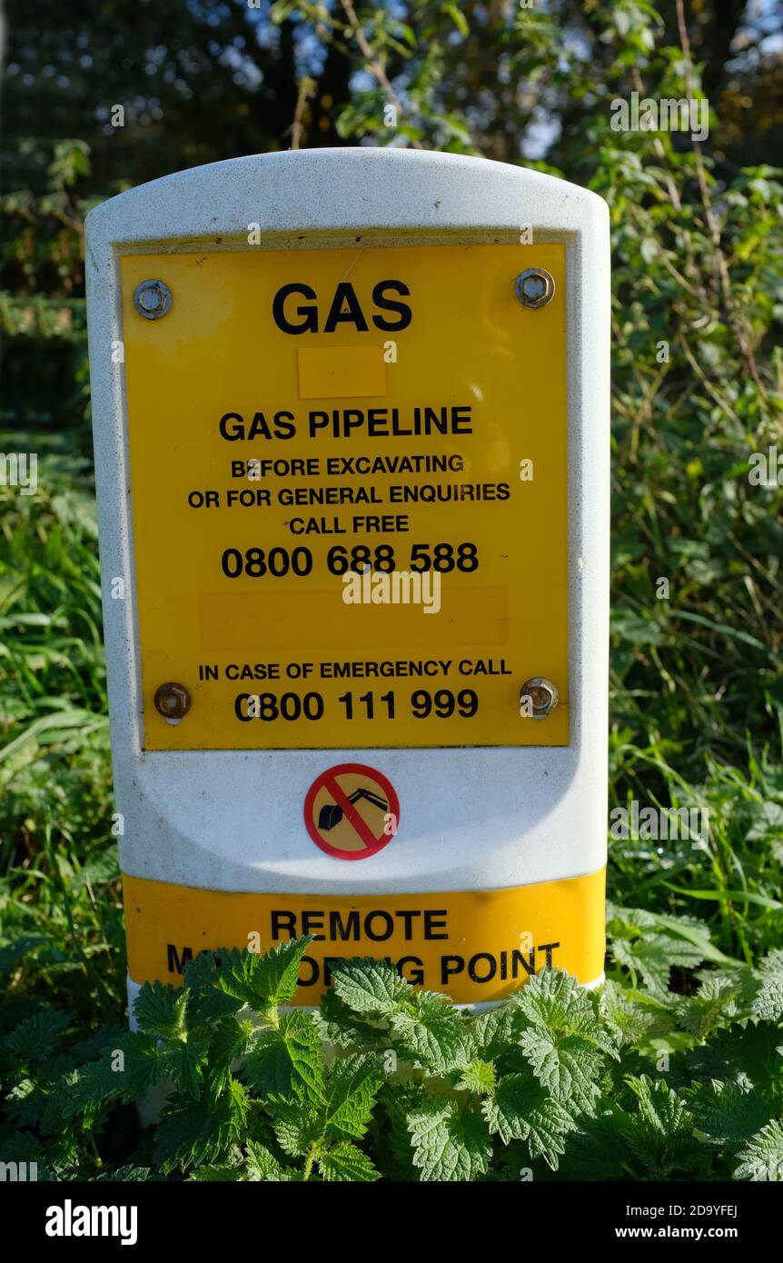 Ein Markierungsschild für die Gasleitung, england Stockfoto