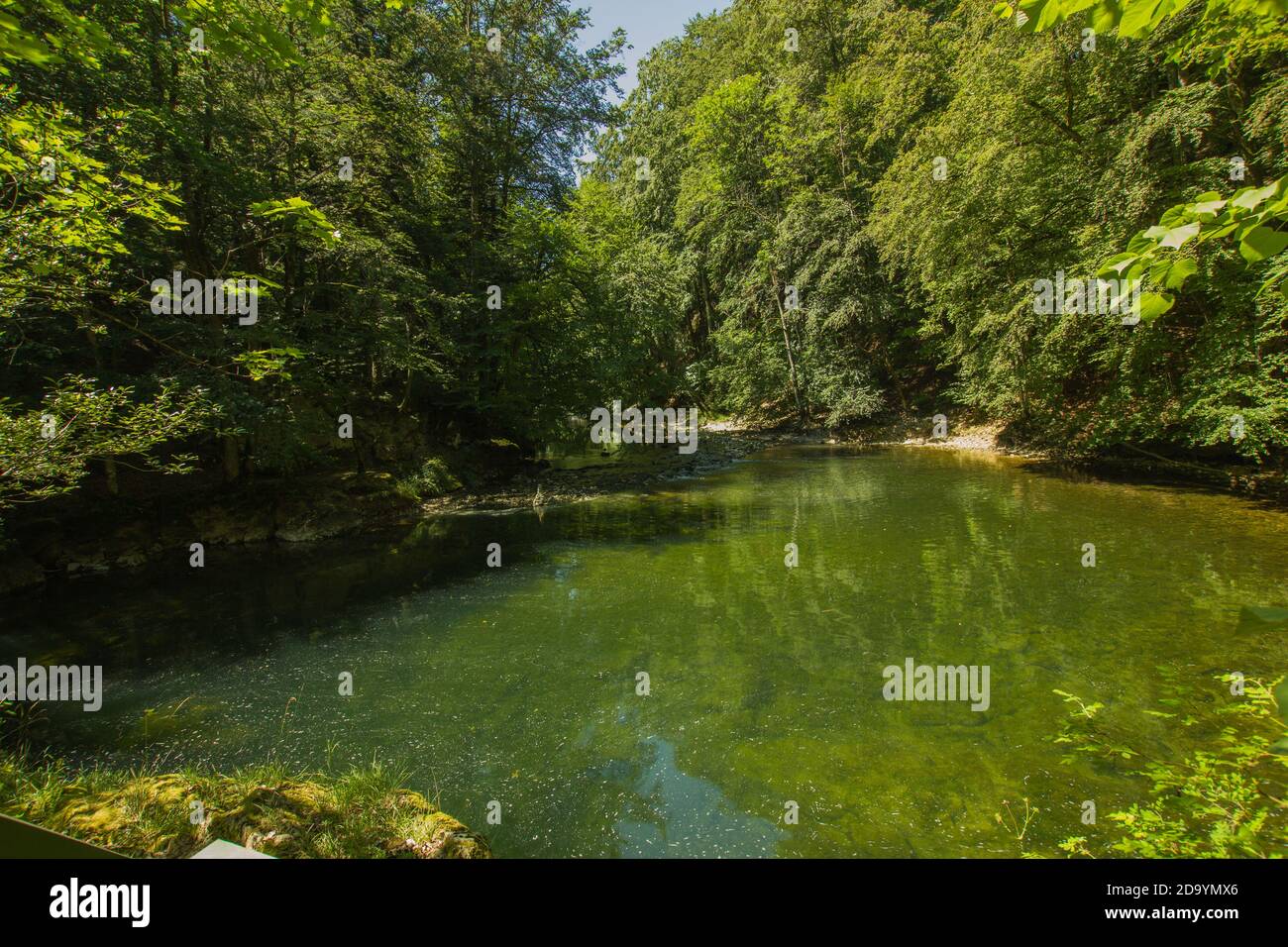 Grüner See an der Gorge de l'Areuse Stockfoto