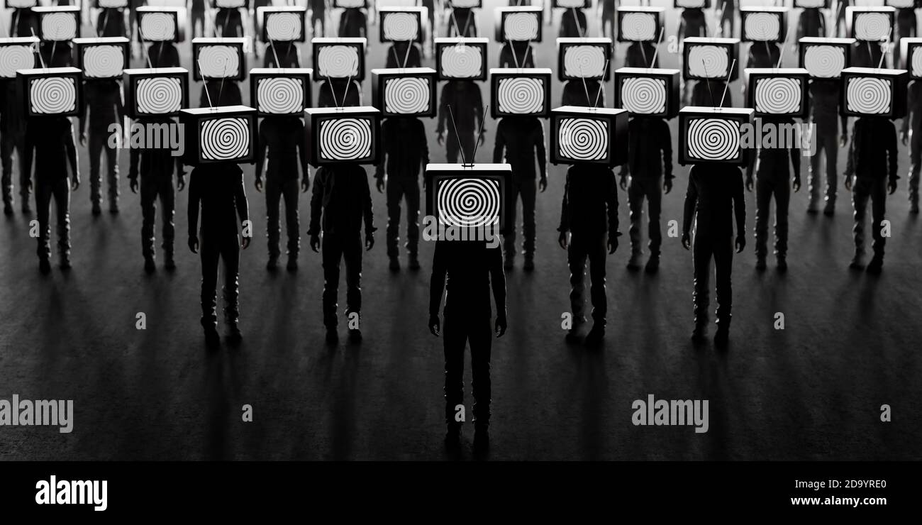 Zombie-Leute mit einem alten fernseher statt Kopf. Sucht nach Massenmedien. Manipulation des Fernsehens und Kontrolle der Menschenmenge. Gehirnwäsche-Konzept. 3d-Rendering Stockfoto