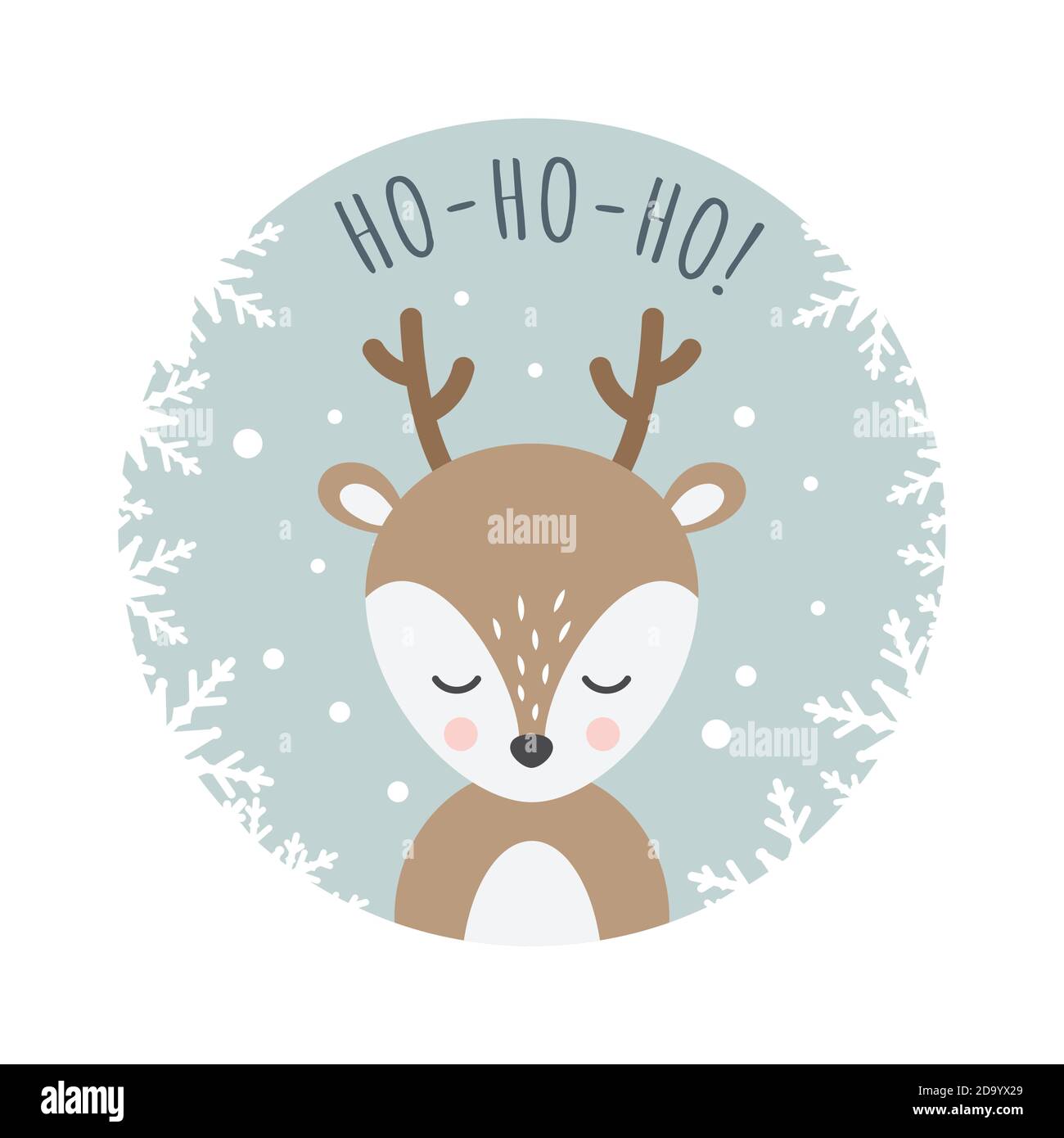Weihnachtskarte mit Rentier Cartoon. Hirsch niedlichen Charakter mit ho ho ho ho Text, weihnachten und Neujahr-Design. Stock Vektor