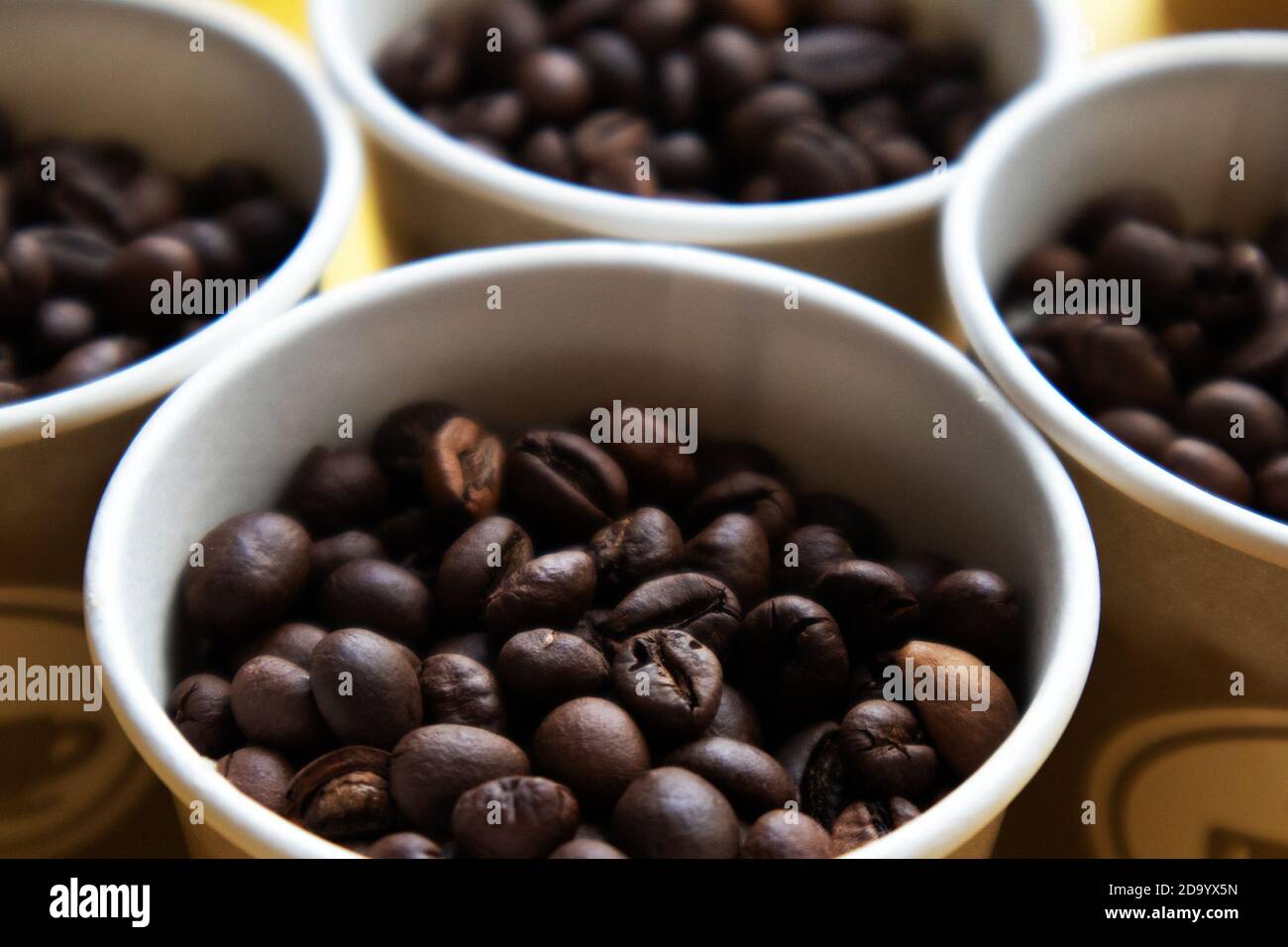 Die Spitzen von wenigen Pappbecher voller geröstetem Kaffee Bohnen Stockfoto