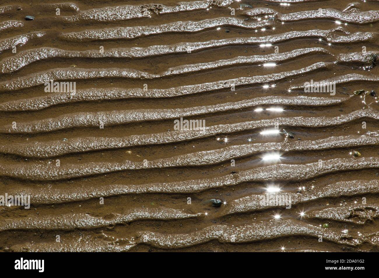 Gezeitenstrand mit Mustern aus der Flut. Stockfoto