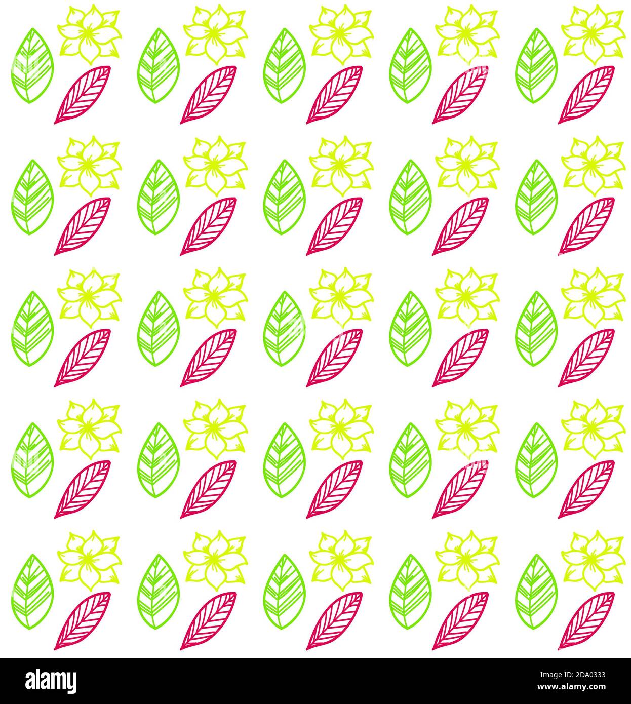 Einfaches Nahtmuster. Blumen und Blätter. Weißer Hintergrund. Design für Dekor, Drucke, Textil, Möbel, Stoff, digital. Stockfoto
