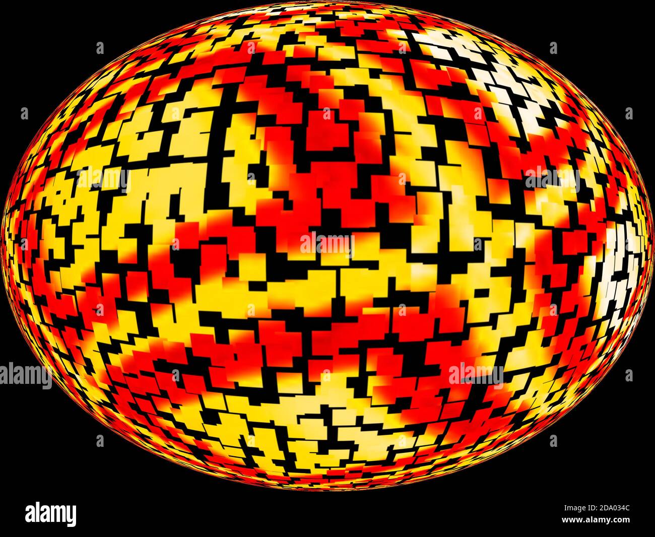 3d-Kugel aus gelben und roten Farben auf schwarzem Hintergrund. Stockfoto