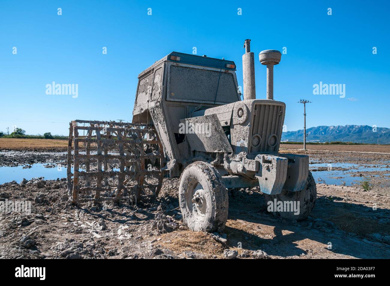 Reislandtraktor bedeckt mit Schlamm, Ebro Delta, Tarragona, Katalonien, Spanien Stockfoto