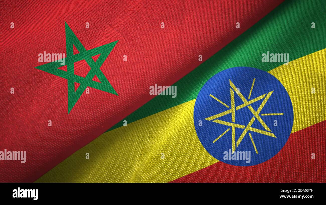 Marokko und Äthiopien zwei Flaggen Textiltuch, Stoff Textur Stockfoto