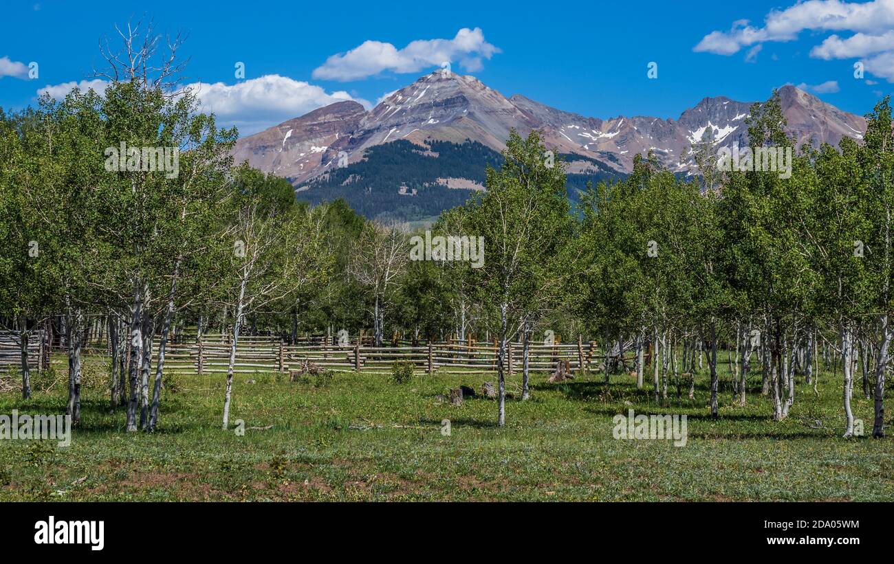 La Plata Mountains vom Upper Chicken Creek Trailhead, San Juan National Forest in der Nähe von Mancos, Colorado. Stockfoto