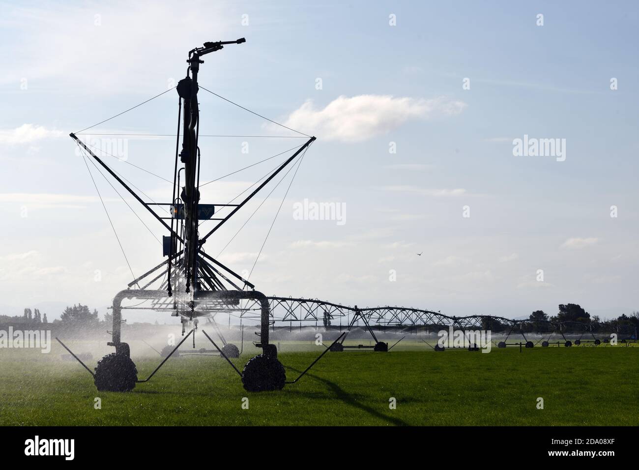 Bewässerungssprinkler Wasser Milchweide in Canterbury, Neuseeland, wo Wasserversorgung hat sich zu einem umstrittenen Thema Stockfoto