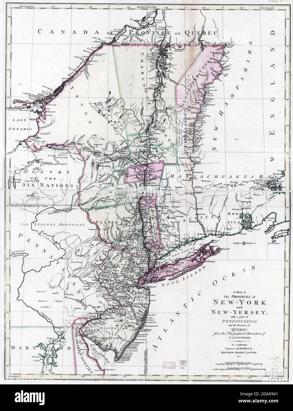 Alte und alte Karte von New York und New Jersey (New Yersey). 1777. Farbkorrektur. Stockfoto