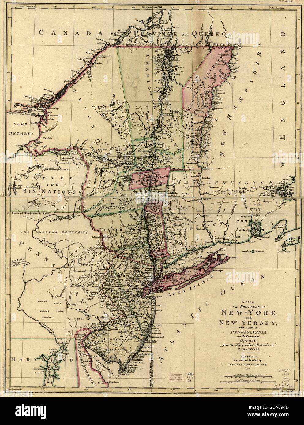Alte und alte Karte von New York und New Jersey (New Yersey). 1777. Stockfoto
