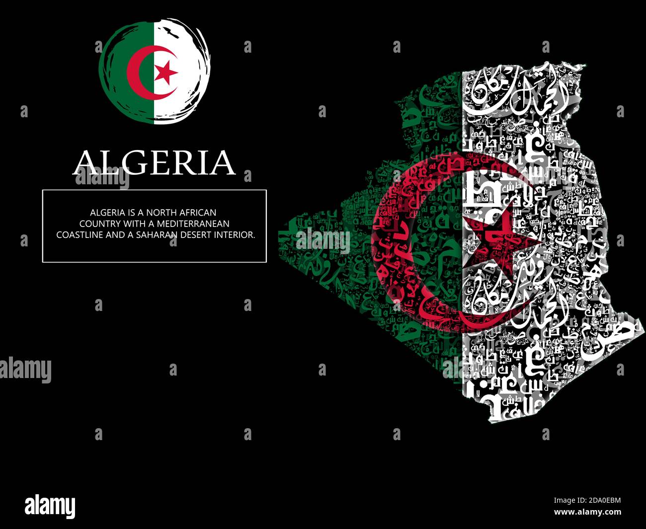 Karte von Algerien mit der Flagge der arabischen Typografie Stockfoto