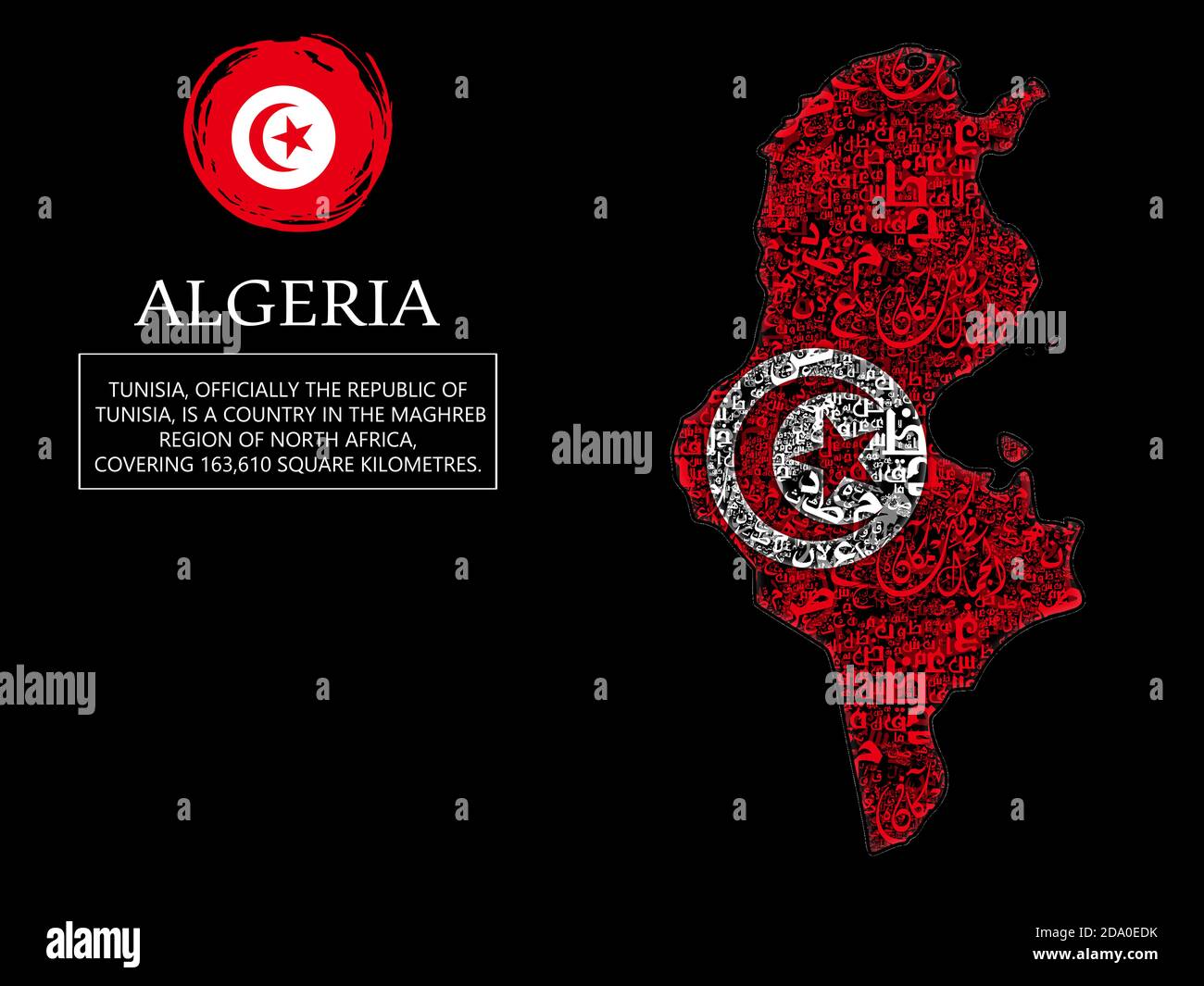 Karte von Tunesien mit der Flagge der arabischen Typografie Stockfoto