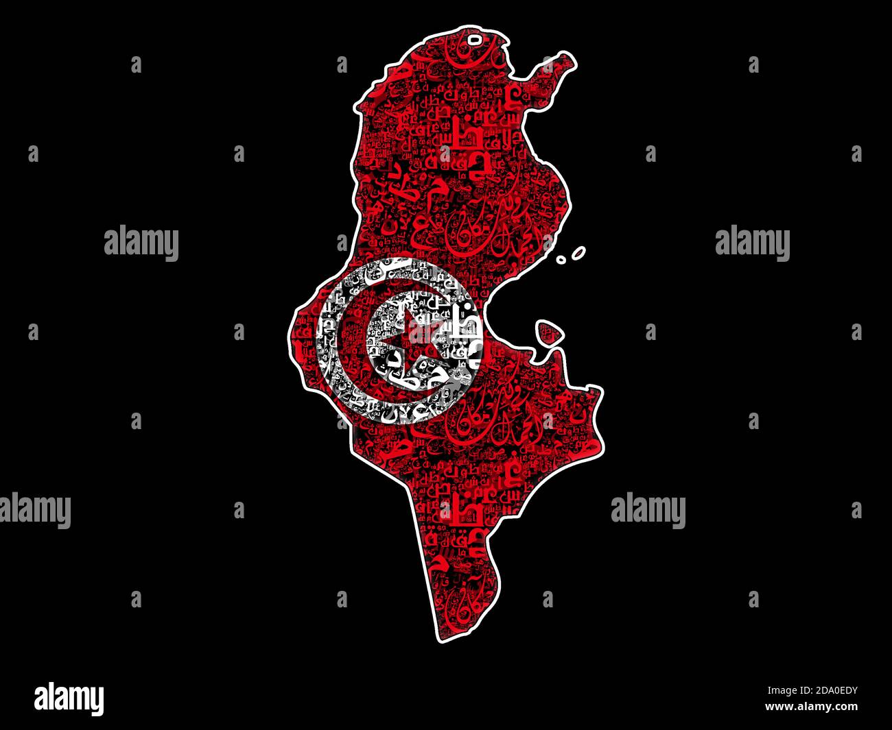 Karte von Tunesien mit der Flagge der arabischen Typografie Stockfoto