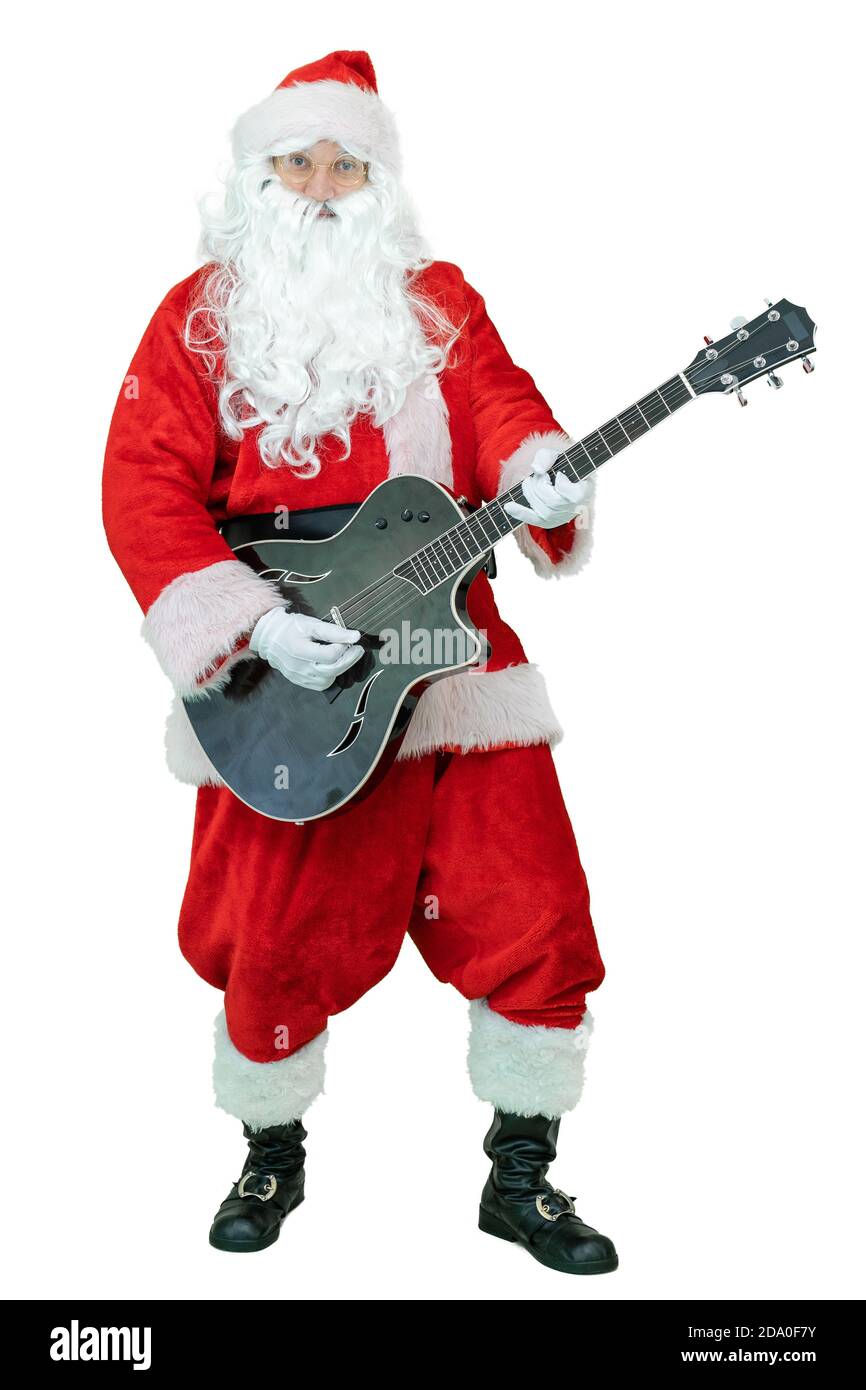 Santa spielt Gitarre, singt Lied. Santa Claus guitarist plaing akustische Gitarre, singen auf weißem Hintergrund. Weihnachten steht bevor Stockfoto