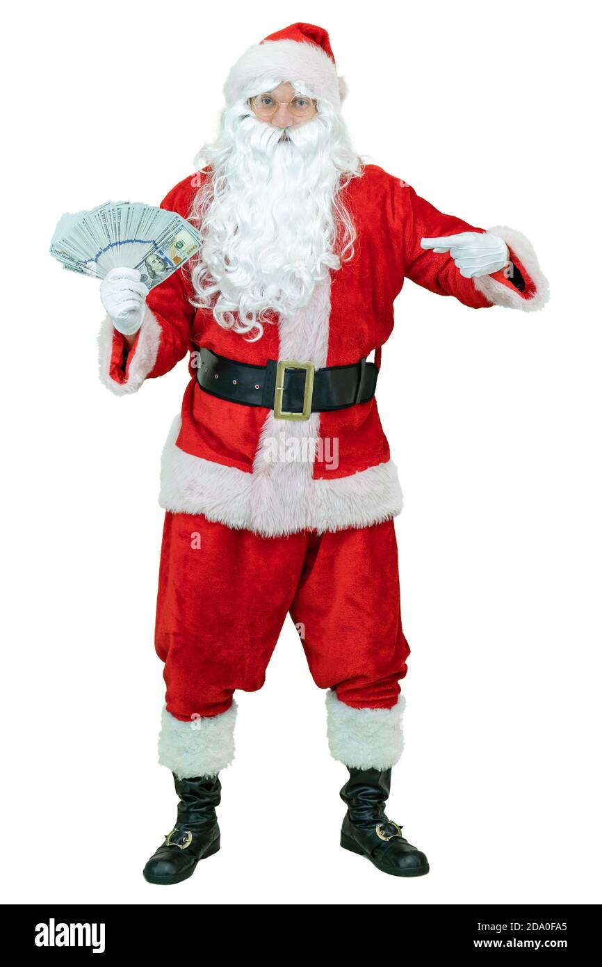 Santa hält Fan von Dollar Geldscheine, zeigt Zeigefinger. Der Weihnachtsmann hält Dollargeldscheine und zeigt den Finger auf weißem Hintergrund. Weihnachten Stockfoto