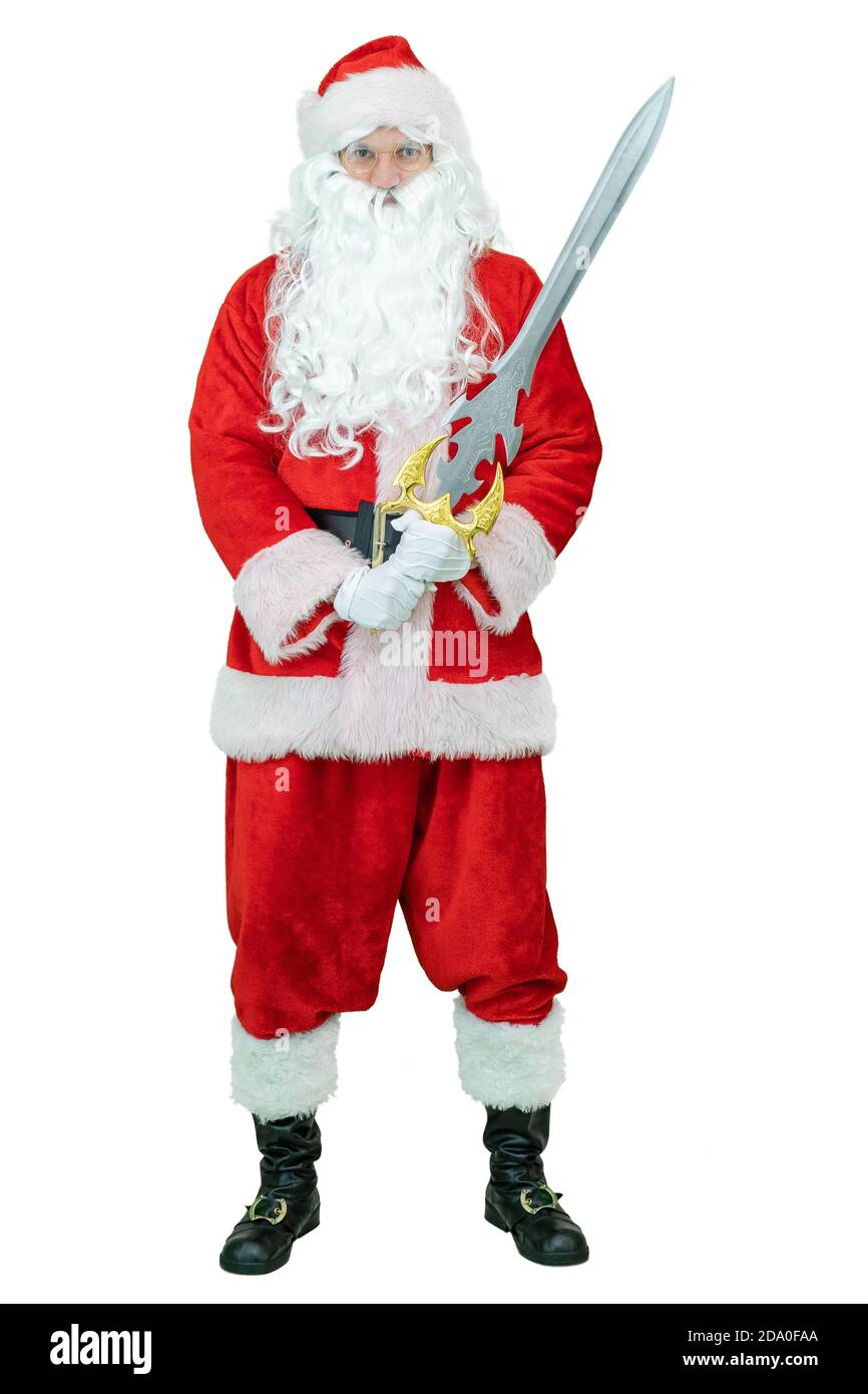 Der Weihnachtsmann hält das Schwert. Der Weihnachtsmann hält das Schwert auf weißem Hintergrund. Weihnachten steht bevor Stockfoto