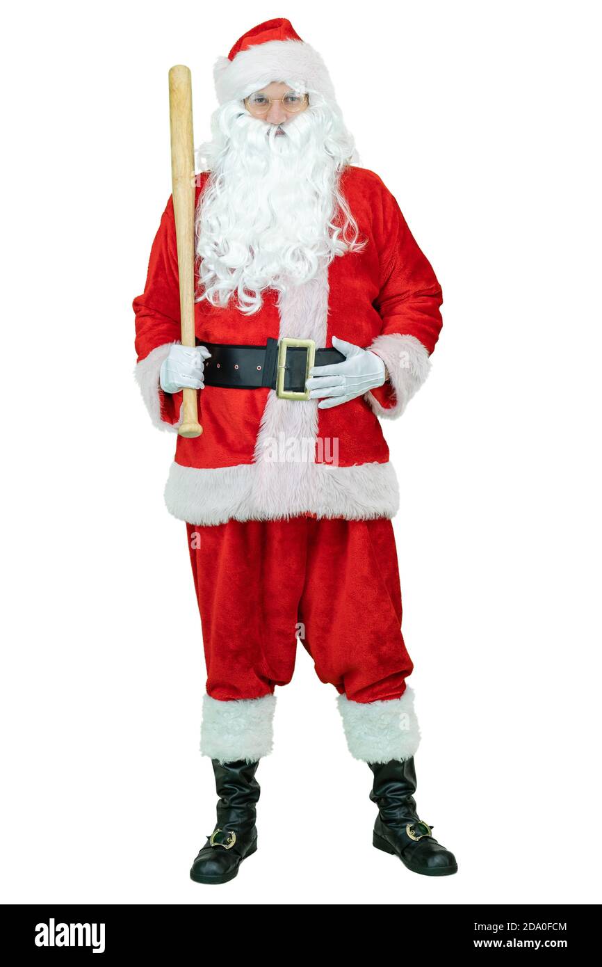 Santa mit Baseballschläger. Santa Claus hält Baseballschläger auf weißem Hintergrund. Weihnachten steht bevor Stockfoto