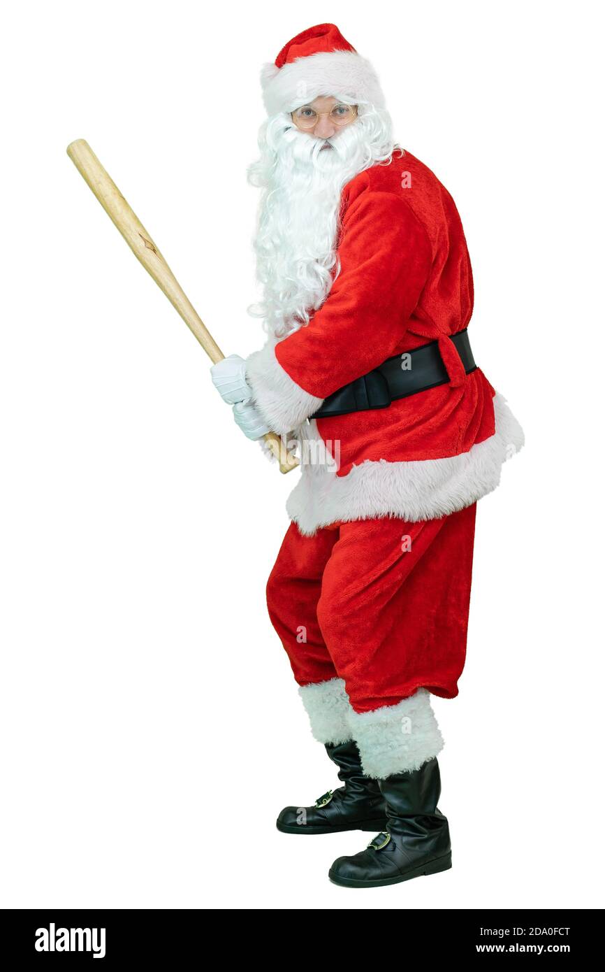 Santa hält, schwingt Baseballschläger. Santa Claus spielt Baseballschläger auf weißem Hintergrund. Weihnachten steht bevor Stockfoto